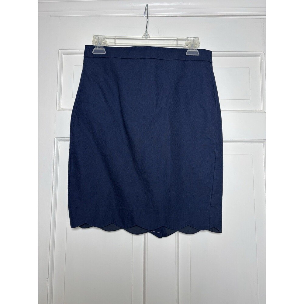 J.Crew Navy Blue Cotton Pencil Skirt Size 0 Style Office Modern Scalloped Hem